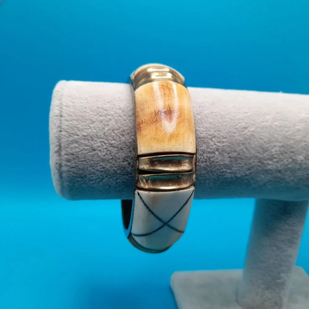 Vintage Brass Bone Inlay Wide Bangle Bracelet Cream Tribal Boho 8 Inch